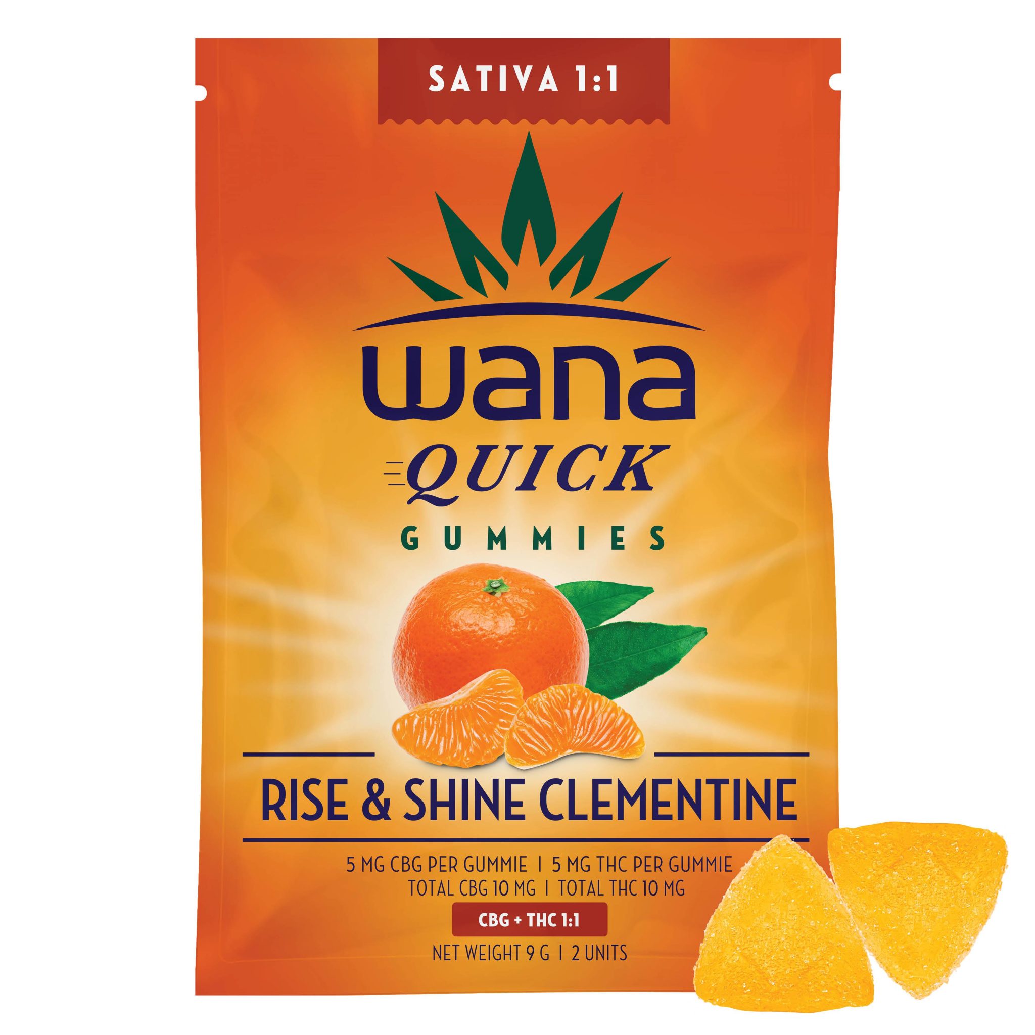 Description Good morning, sunshine! Start your day with Wana Quick Rise & Shine Clementine 1:1 Sativa gummies. Bursting with sweet, juicy clementine flavour and infused with CBG, THC, and a proprietary sativa terpene blend, Rise & Shine Clementine gummies are your daily dose of good vibes. Made with a culinary innovation that may result in a quicker onset and offset of effects*, each gummie contains 5 mg of CBG and 5 mg of THC. 2 gummies per package. Vegan and gluten-free.